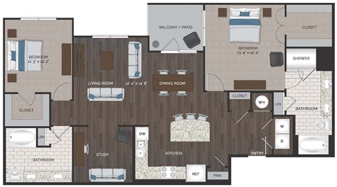 Floor plan for 2 beds, 2 baths, 1441 sqft